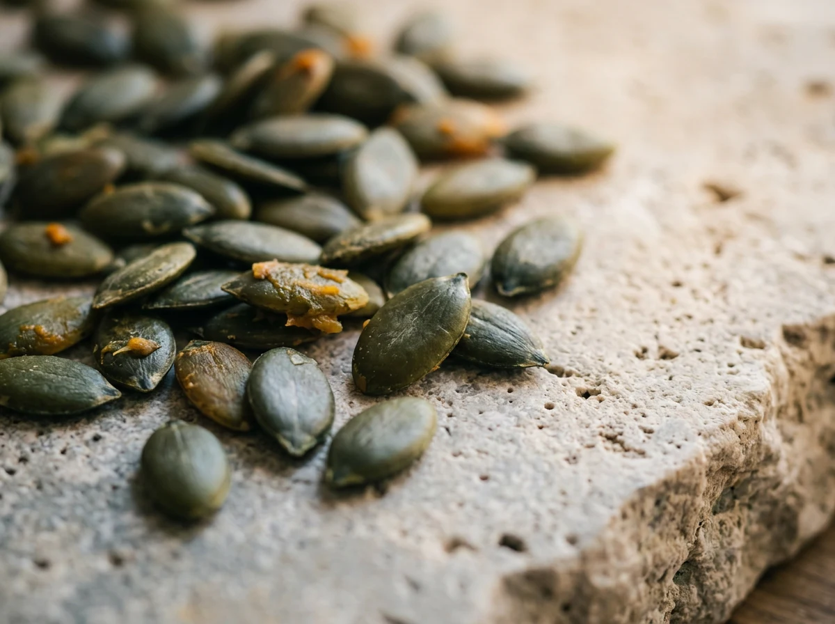 Fresh pumpkin seeds on stone surface - pumpkin seed extract supplement benefits for men's pelvic wellness