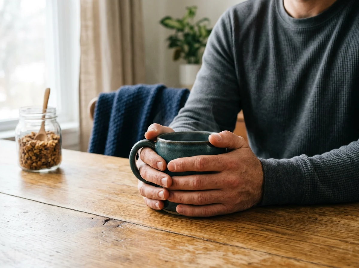 Man's hands holding a warm morning mug - healthy morning routine for men's daily wellness routine NZ