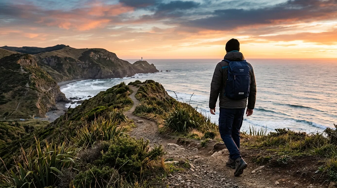 Anonymous man from behind walking a coastal New Zealand path - daily movement for pelvic circulation support for men over 50